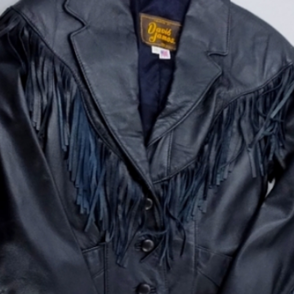 Vintage Davis James Motorcycle Leather Black Fitted Jacket with Fringe